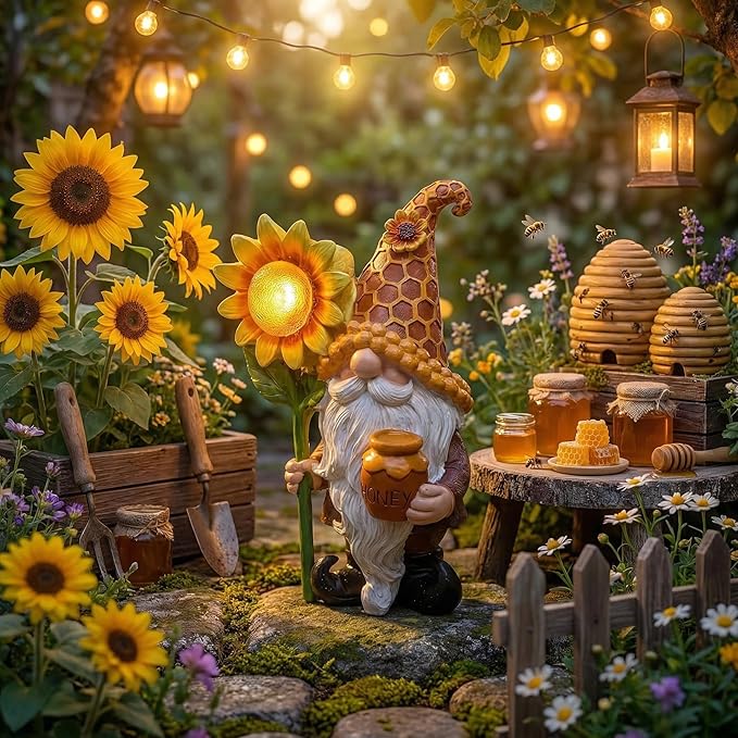 Lyeasw Solar Garden Gnome Statues with Sunflower Light - Outdoor Yard Decor - Honey Pot Gnome Figurines for Patio Lawn Walkway & Backyard, Unique Welcome Garden Gifts for Mom & Grandma
