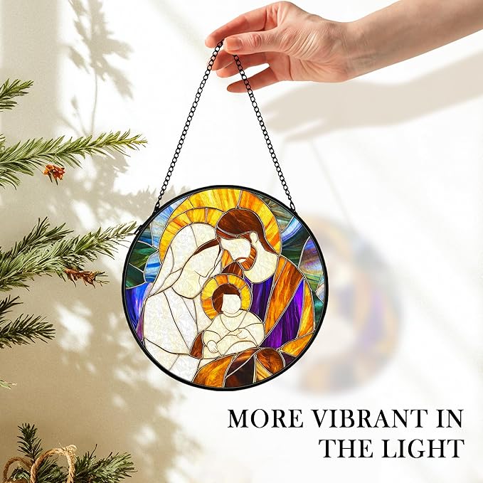 Christian Baby Jesus Nativity Suncatcher Stained Glass Window Hanging Decor, Christian Christmas Stained Glass Wall Decor Gifts, Nativity Scene Garden Lawn Sun Catchers Window Art, 7.9x7.9In