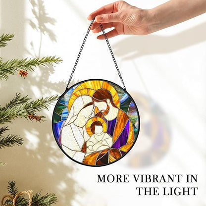 Christian Baby Jesus Nativity Suncatcher Stained Glass Window Hanging Decor, Christian Christmas Stained Glass Wall Decor Gifts, Nativity Scene Garden Lawn Sun Catchers Window Art, 7.9x7.9In