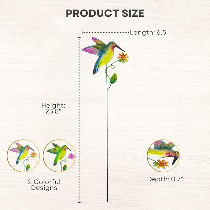Hummingbird Metal Garden Stakes – 2 Pcs Vibrant Yard Decor with Colorful Design – Durable Lawn Outdoor Plant Picks for Flower Beds, Pathways, or Plant Pots – Great Gift for Garden & Nature Lovers
