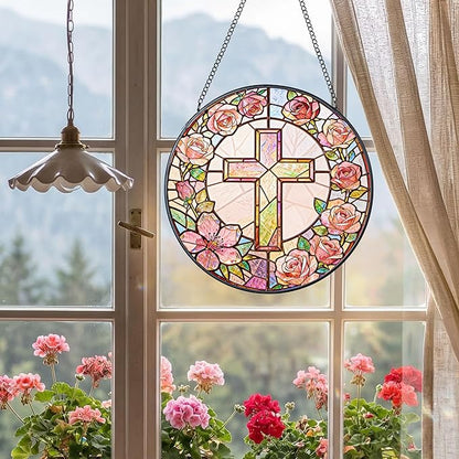 Sun Catcher Cross Stained Glass 7.9 Inch Suncatcher Religious Cross and Roses Suncatchers for Windows Hanging Gifts for Women Cottage Core Apartment Home Decor Christian Gift Religious Gift