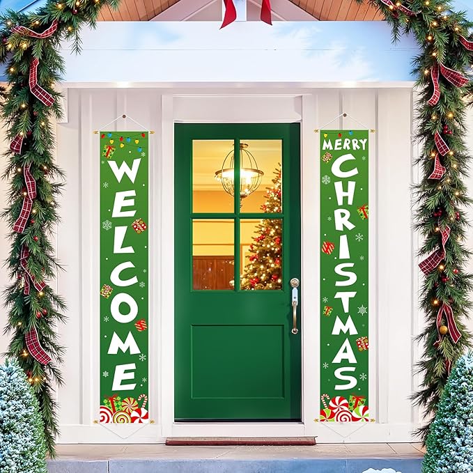 Ivenf Outdoor Christmas Decorations Yard: Cute Green White Front Porch Sign Banner, Welcome Merry Christmas Candy Decorations for Home, Indoor Outdoor Xmas Wall Front Door Yard Garage Décor
