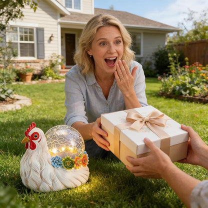 Solar Hen Garden Statue Lights for Outdoor Decor with Cracked Glass LED Ball Figurine Lighting Resin Succulent White Chicken Decorations for Patio Lawn Yard Valentine Gifts for Mom Wowen