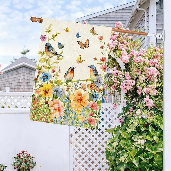 Baccessor Spring Floral Birds House Flag Double Sided 28x40 Inch Burlap,Flower Butterflies Large Garden Flag Porch Patio Front Entry Yard Seasonal Farmhouse Outside Outdoor Decor