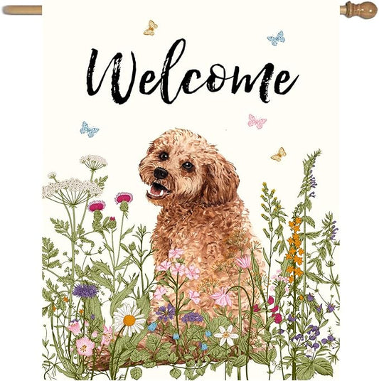 Floral Golden Doodle Garden Flag Spring Summer House Flags 28 x 40 Double Sided Flower Dog Yard Flags for Outside Large Outdoor Welcome Flags
