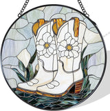 Western Cowgirl Boots Stained Glass Window Hanging Suncatcher, Cowboy Boots Flower Sun Catcher Indoor Window Decor, Cowgirl Gifts Painted Glass Round Wall Hanging Decorations, 7.8x7.8 in