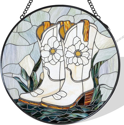 Western Cowgirl Boots Stained Glass Window Hanging Suncatcher, Cowboy Boots Flower Sun Catcher Indoor Window Decor, Cowgirl Gifts Painted Glass Round Wall Hanging Decorations, 7.8x7.8 in