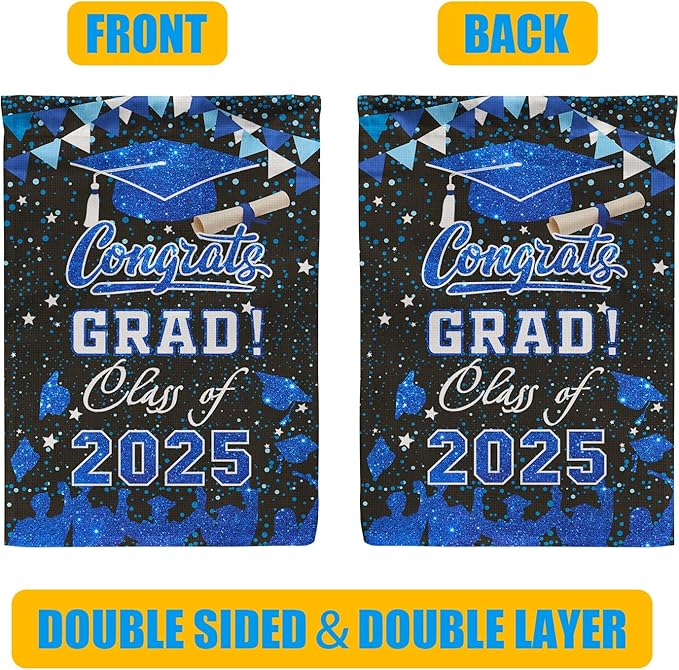PAMBO Graduation Garden Flag Class of 2025, Blue Congrats Grade Flag for Outside Hanging Decors 12x18 Inch Burlap