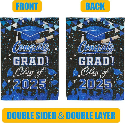 PAMBO Graduation Garden Flag Class of 2025, Blue Congrats Grade Flag for Outside Hanging Decors 12x18 Inch Burlap