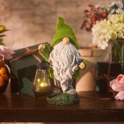 TERESA'S COLLECTIONS Christmas Outdoor Statue for Home, Resin Gnome Decorations with Solar Outdoor Lights for Garden Decor,Green Garden Sculptures & Statues for Front Patio Lawn, Gifts for Mom,8"