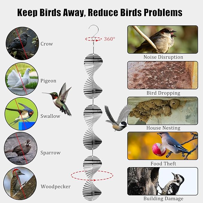 Stainless Steel Bird Deterrents for Outside Patio, Reflective 3D Bird Scare Devices Wind Spinners Outdoor Decor, Woodpecker Deterrent Bird Reflectors to Keep Pigeon Crow Away House Yard Window Porch