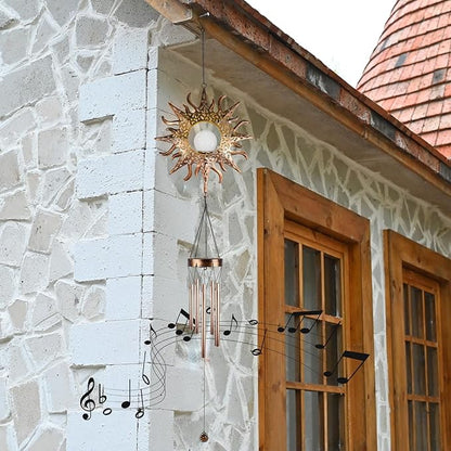 Solar Sun Wind Chimes Outdoor with Flame, Waterproof Wind Bells Light with Crackle Glass Ball for Outside, Clearance Unique Gifts for Mother's Day, Mom, Women, Girls, Yard, Garden, Party Decor