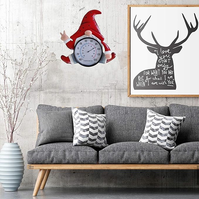 Metal Gnome Thermometer Indoor Outdoor Wall Art Decor Plaque Sculpture Hanging Mounted for Living Room Bedroom Kitchen Workroom Patio, Waterproof,No Battery Required