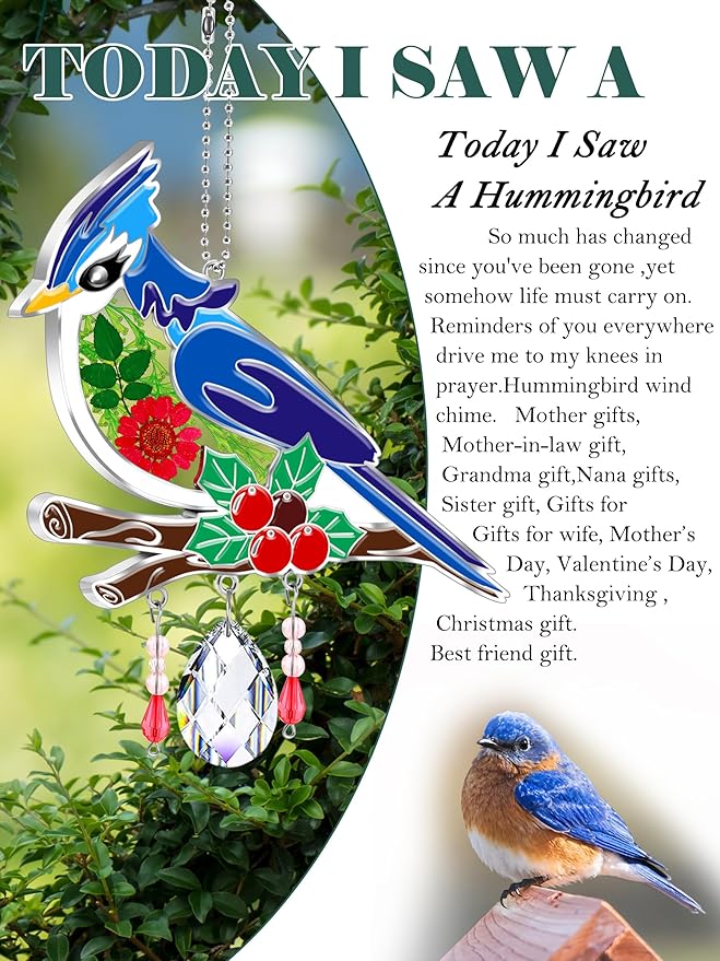 KY&BOSAM Blue Bird Crystal Suncatcher for Windows 8" Hanging Ornaments Stained Glass Wind Chimes with Metal Charms, Colorful Rainbow Prisms Garden Decor for Mom/Grandma, Christmas Wedding Gifts