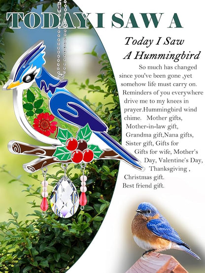 KY&BOSAM Blue Bird Crystal Suncatcher for Windows 8" Hanging Ornaments Stained Glass Wind Chimes with Metal Charms, Colorful Rainbow Prisms Garden Decor for Mom/Grandma, Christmas Wedding Gifts