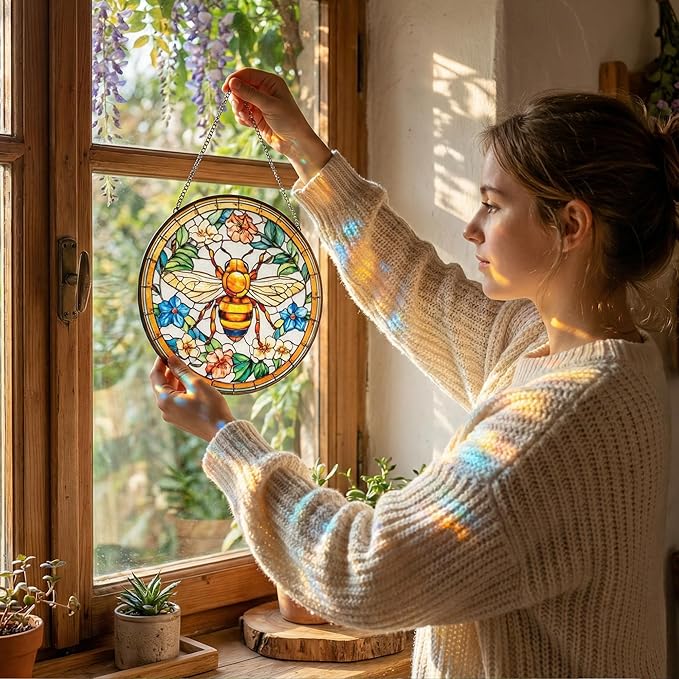 Stained Glass Window Hanging, Bee in Garden Flowers Sun Catcher, 7.87 InchHandmade Suncatcher for Window, Home Kitchen Decor, Gift for Gardeners, Bee Lovers, Birthday