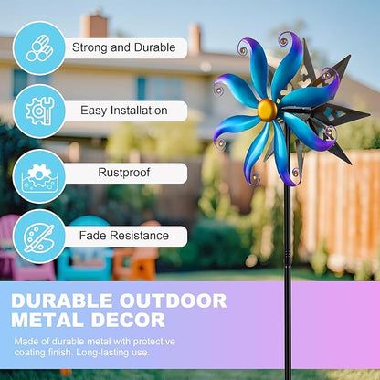 Wind Spinners Outdoor Garden Decor - 60" Sun Wind Sculptures & Spinners, Dual Sided Metal Yard Art Kinetic Windmill for Yard Patio Lawn Decor, Gardening Gifts for Women