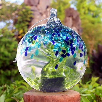 5.5-Inch Solar Powered Hanging Threaded Glass Gazing Ball Outdoor Garden Decoration (Green, Aqua & Blue)
