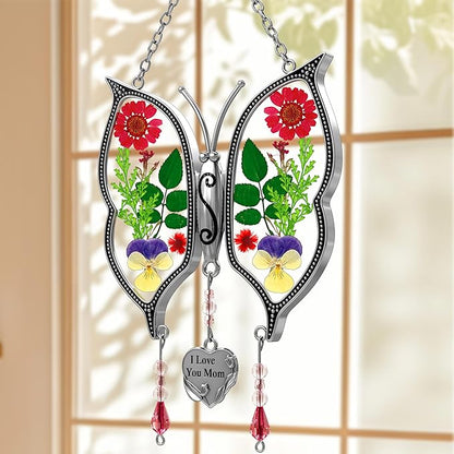 KY&BOSAM Metal Glass Butterfly Suncatcher with I Love You Mom Engraved Tag Real Preserved Dried Flower Window Hanging Ornament Garden Home Wall Decor Mother's Day Birthday Gift for Mom Grandma Nana
