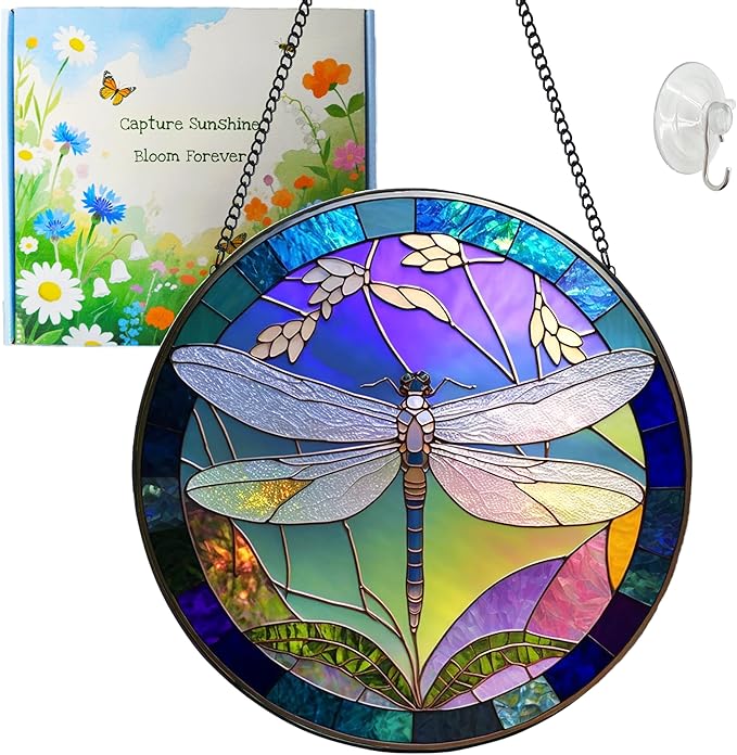 Suncatcher Dragonfly Stained Glass Suncatchers Stained Glass Ornament for Home Decor Indoor Wall Art Gift for Mother Women Friends (Dragonfly, M)