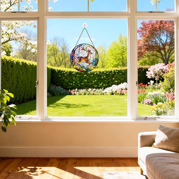 Stained Glass Window Hanging, Deer Circular Painted Glass Suncatcher with Chain & Suction Cup for Home Garden Door Decor, Birthday for Women Men Mom 7.8 in