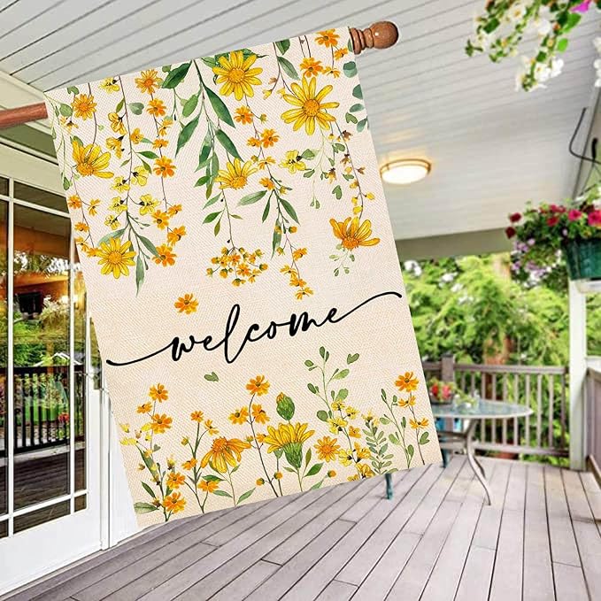 Baccessor Summer Welcome House Flag 28 x 40 Inch Floral Double Sided Daisy Funny Spring Sunflower Yard House Flag Seasonal Burlap Cute Vertical Farmhouse Yard Outdoor Decoration