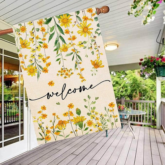 Baccessor Summer Welcome House Flag 28 x 40 Inch Floral Double Sided Daisy Funny Spring Sunflower Yard House Flag Seasonal Burlap Cute Vertical Farmhouse Yard Outdoor Decoration