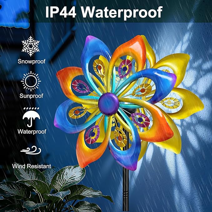 Solar Wind Spinners Outdoor - H60xW13 Metal Yard Art Kinetic Wind Spinners with Colorful LED Crackle Ball, Peacock-Style Windmill for Yard Lawn Garden Decor, Gardening Gifts for Women