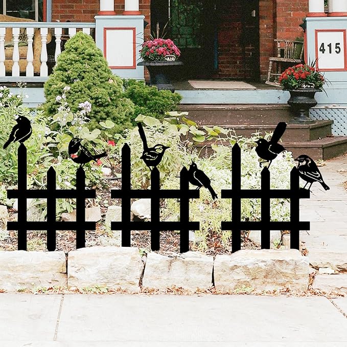 3 Pcs Small Garden Fence with 6 Pieces Birds Decoration, Rustic Garden Decor, Insert Lawn Picket Fence Garden Borders Decorative for Landscape Path Flowerbeds Plant Yard, Outdoor Sculptures Art