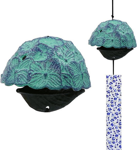 Japanese Wind Chime Cast-Iron Outdoor Ornament for Garden, Patio & Balcony, Hanging Metal Wind-Bell Decoration Gift, Blessing Pendant Windchimes & PVC Wind-Catcher, Hydrangea