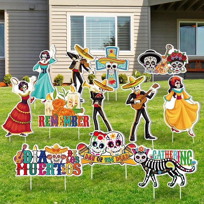 Amyhill 12 Pcs Day of the Dead Yard Decorations Halloween Outdoor Signs Decorations Dia De Los Muertos Decor Sugar Skull Sign Waterproof Mexican Fiesta Festival Party Supplies for Garden Lawn Patio