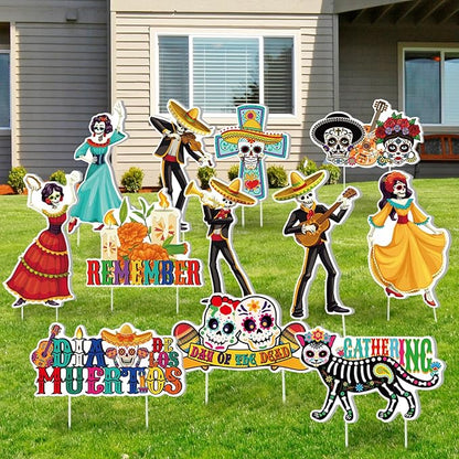 Amyhill 12 Pcs Day of the Dead Yard Decorations Halloween Outdoor Signs Decorations Dia De Los Muertos Decor Sugar Skull Sign Waterproof Mexican Fiesta Festival Party Supplies for Garden Lawn Patio