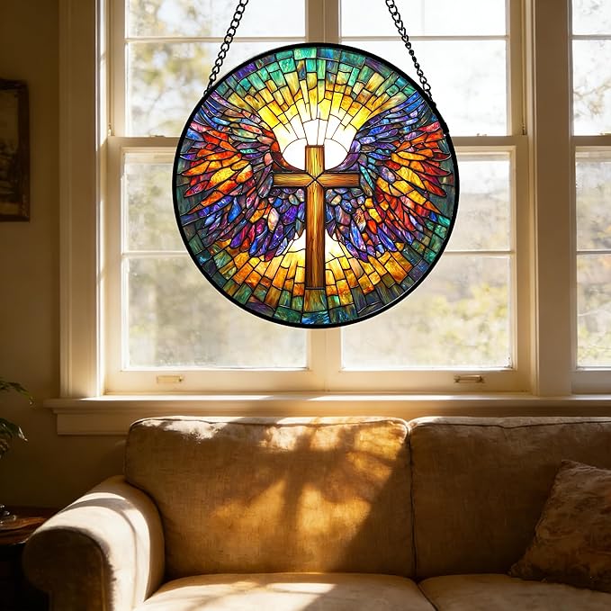 DASTOLL Stained Glass Window Hanging - Jesus Cross Wings Suncatcher Ready to Hang Window Doors Home Decoration and Christmas, Mother's Day Birthday Gifts for Women, Men, and Mom 6.3x6.3 in