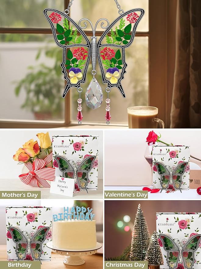 KY&BOSAM Butterfly Suncatcher Crystal Stained Glass for Windows Hangings Wind Chaim with Pressed Flower and Metal Heart Charm Mother`s Day Gifts for Mom from Daughter Son Christmas Birthday Décor