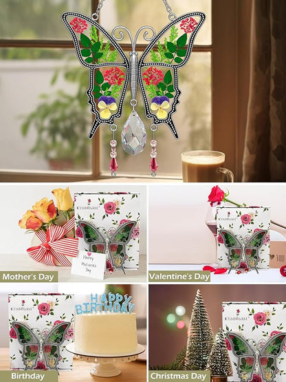 KY&BOSAM Butterfly Suncatcher Crystal Stained Glass for Windows Hangings Wind Chaim with Pressed Flower and Metal Heart Charm Mother`s Day Gifts for Mom from Daughter Son Christmas Birthday Décor