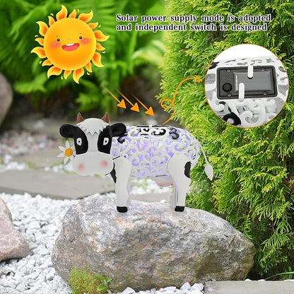 Daisy Cow Garden Solar Light Outdoor Decor, Color Changing Hollowed-Out Daisy Cow Garden Figurine Metal Decorative Cow Lamp for Outdoor Patio Yard Art Decoration