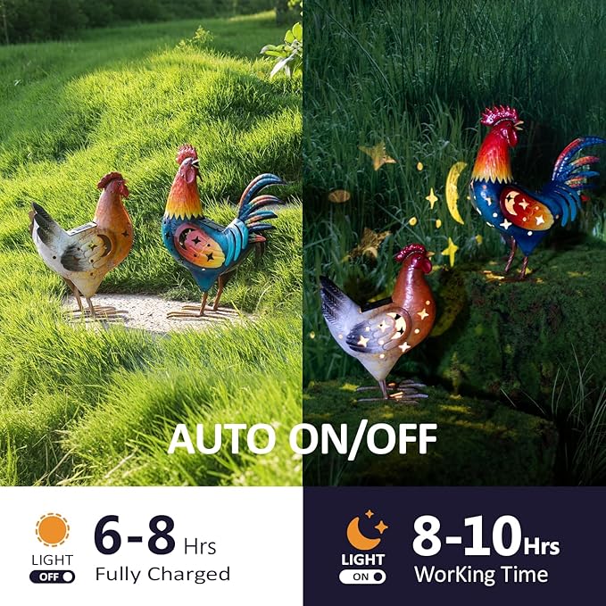 Natelf Solar Rooster and Hen Statue, Outdoor Metal Chicken Decor with Solar Lights, Hand-Painted Farmhouse Garden Art for Yard, Patio, Chicken Coop - Housewarming Gifts Set of 2