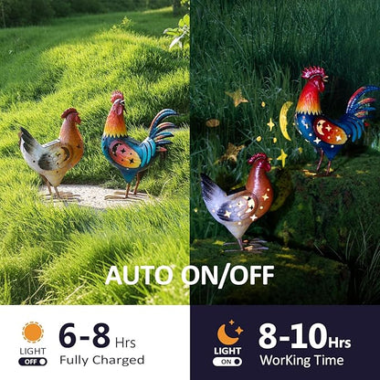 Natelf Solar Rooster and Hen Statue, Outdoor Metal Chicken Decor with Solar Lights, Hand-Painted Farmhouse Garden Art for Yard, Patio, Chicken Coop - Housewarming Gifts Set of 2