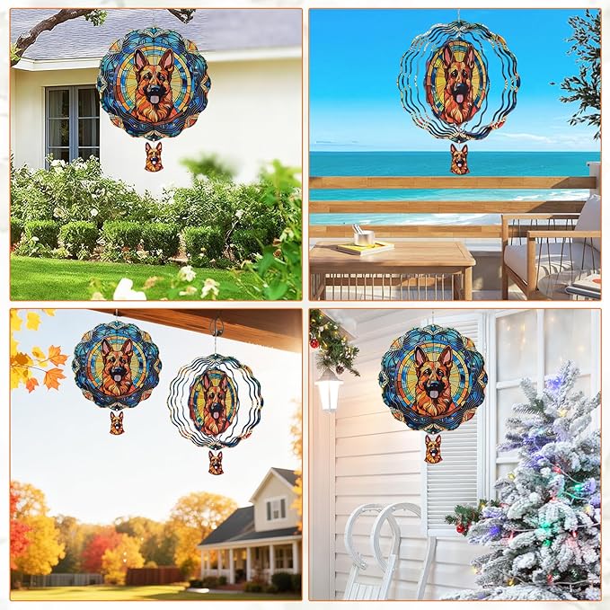 German Shepherd Wind Spinners Outdoor - 3D Cute Dog for Women, Wind Spinner for Yard Patio Ornament Garden Decor, 12 Inch Hanging Kinetic Metal Wind Spinners Sculpture