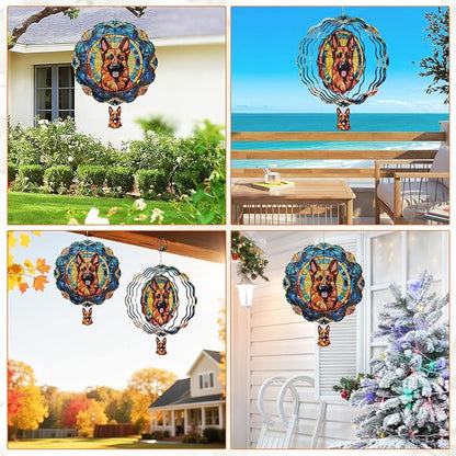 German Shepherd Wind Spinners Outdoor - 3D Cute Dog for Women, Wind Spinner for Yard Patio Ornament Garden Decor, 12 Inch Hanging Kinetic Metal Wind Spinners Sculpture