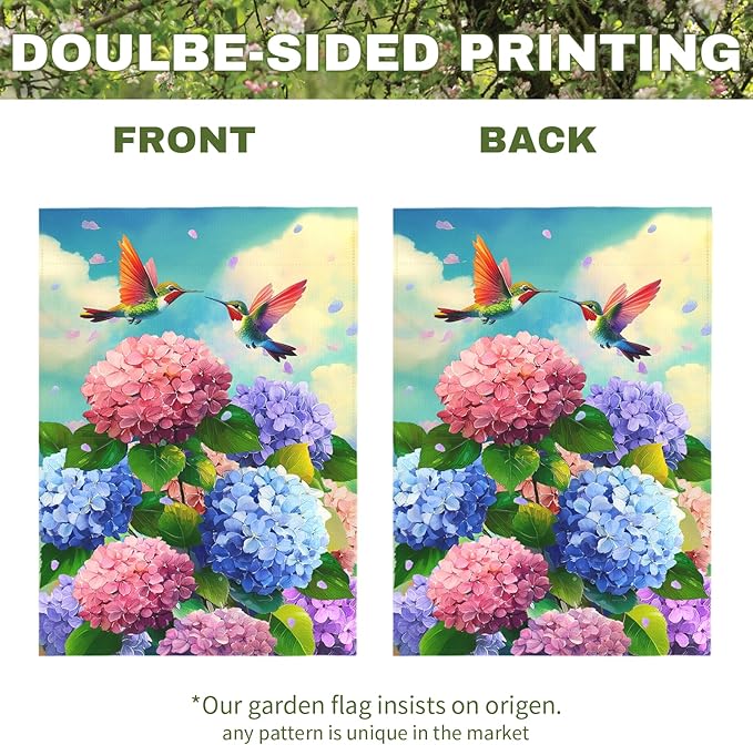 Spring Hummingbird Hydrangea Garden Flag Summer Floral Bird Outdoor Yard Flags Double Sided Flower House Banner Colorful Bloom Patio Lawn Porch Yard Seasonal Nature Home Decor 12x18 Inch