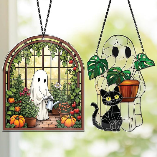 2 Cute Halloween Suncatcher Decorations, 6" Spooky Cute Ghost Plant Window Hangings, Ghost with Black Cat Greenhouse, Pumpkin Ornaments Home Garden, Gifts for Plant Lovers, Women