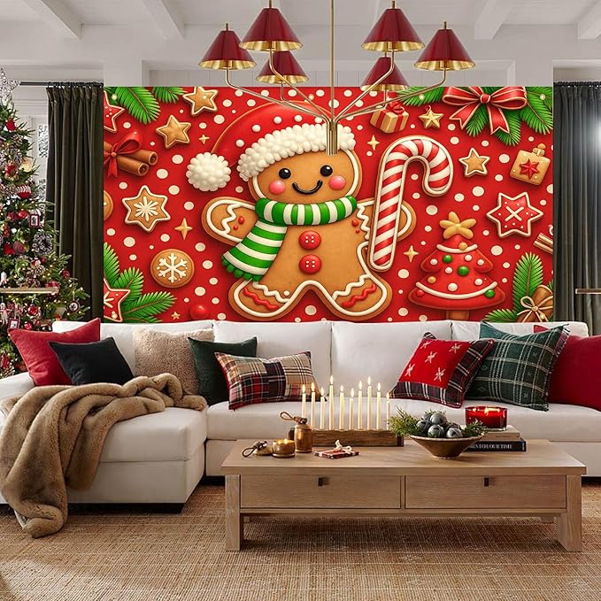HOMETITUTE Christmas Door Banner 13x6ft Festive Gingerbread Man Red White Candy Cane Red Polka Dot Background Holiday Porch Decoration Winter Seasonal Merry Christmas Front Door Cover