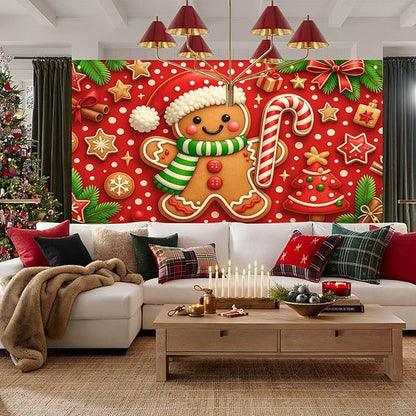 HOMETITUTE Christmas Door Banner 13x6ft Festive Gingerbread Man Red White Candy Cane Red Polka Dot Background Holiday Porch Decoration Winter Seasonal Merry Christmas Front Door Cover