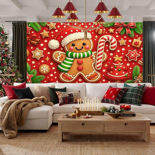 HOMETITUTE Christmas Door Banner 13x6ft Festive Gingerbread Man Red White Candy Cane Red Polka Dot Background Holiday Porch Decoration Winter Seasonal Merry Christmas Front Door Cover