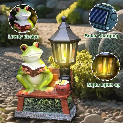 Frog Garden Statue Home Outdoor Decor - Solar Frogs Learning Sculptures Auto LED Waterproof Lights, Garden Outside Figurine Ornament, Women/Gardening/Housewarming Gift for Yard/Pond