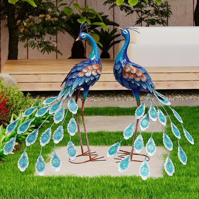 29 Inch Metal Peacock Decor, Outdoor Peacock Statues Yard Art, Garden Statues for Patio Yard Lawn Home Backyard Decorations, Set of 2