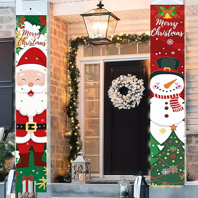 BlissYard Christmas Porch Banner Set 78×12 Inch Santa and Snowman Door Banner Xmas Hanging Sign Outdoor Christmas Decorations Xmas Front Door Welcome Banner Winter Yard Wall Decor for Home Garden Party Supplies
