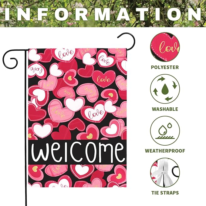 Valentines Day Garden Flag Welcome Love Heart Decorations Outdoor Yard Flags Romantic Red Pink Hearts Anniversary Holiday House Banners Seasonal Decor for Porch Patio Lawn Party 12×18 Inch