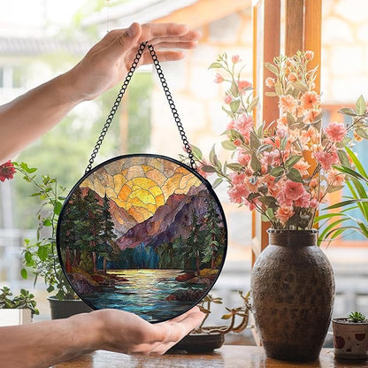 Mountain Sunset Suncatcher Stained Glass Window Hanging, Nature Mountain Landscape Sun Catchers Indoor Window Glass Wall Art Decor, Nature Wall Hanging Decor, 7.9x7.9 Inch 044-MH-BLGH